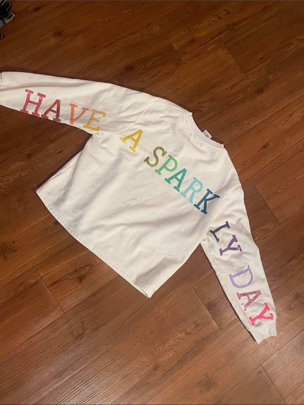 QUEEN OF SPARKLES White Crewneck Sweatshirt with Rainbow Lettering - Picture 3 of 3